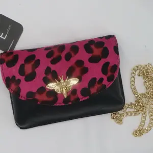Leather pony hair small purse Black fuchsia green yellow