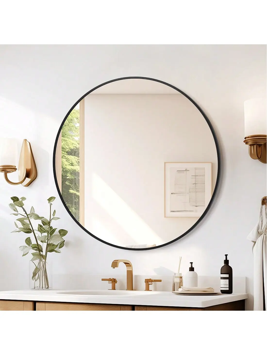 【Christmas Gift】20/24/30/32 Inch 5mm Extra Thick Round Mirror - Matte Black Aluminum Alloy Framed HD Mirror for Nursery, Living Room, Vanity Decor Glass Wall Elegant