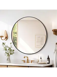 20/24/30/32 Inch 5mm Extra Thick Round Mirror - Matte Black Aluminum Alloy Framed HD Mirror for Nursery, Living Room, Vanity Decor Glass Wall Elegant