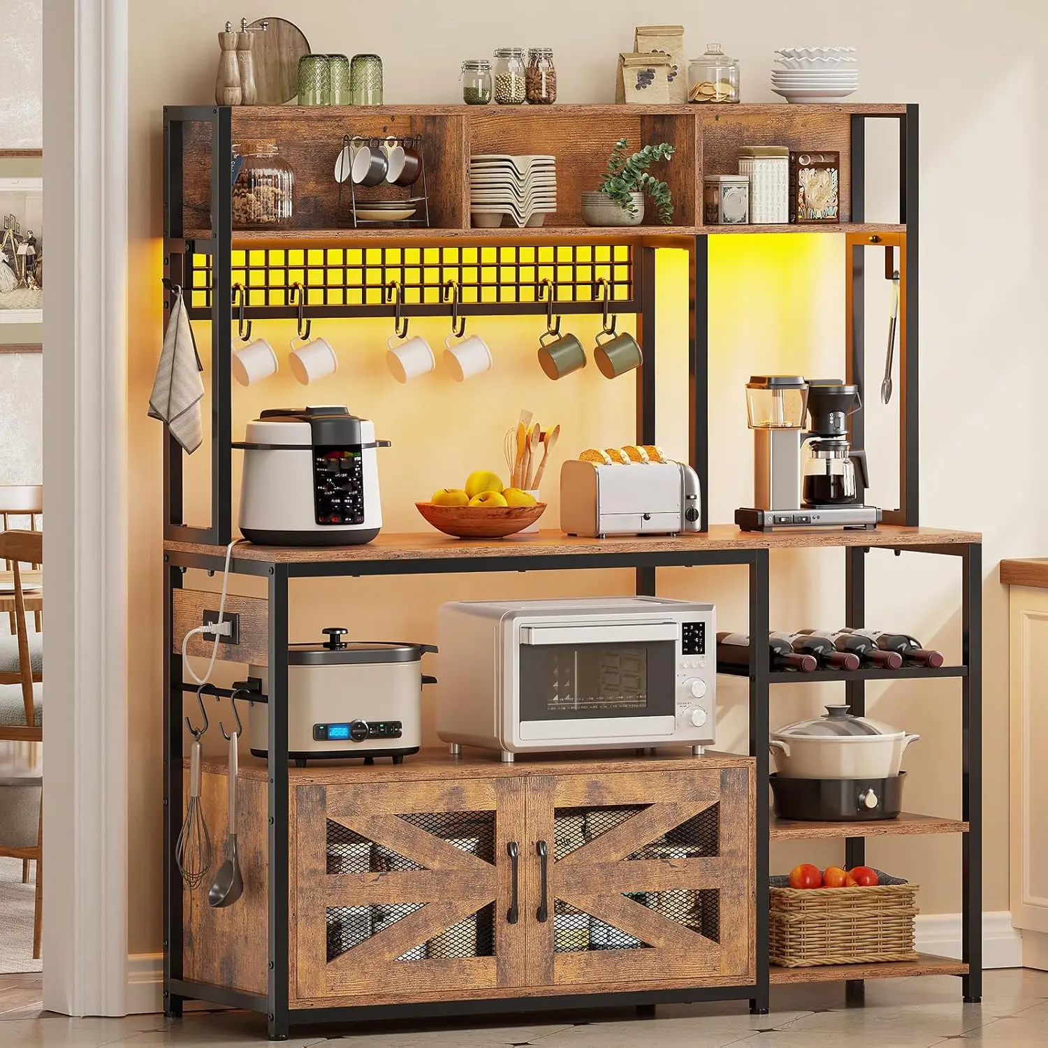 [TiktokShopStockUp] Sikaic 47.2" Coffee Bar Cabinet with Power Outlet & Storage, Farmhouse Bakers Rack with Microwave Stand, Wine Rack, Iron Mesh Shelves & 8 S-Hooks, Rustic Brown Christmas Gifts