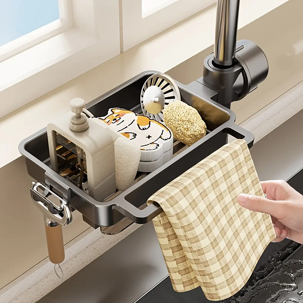Kitchen Faucet Drain Basket, Sponge Holder, Sink Rack, Countertop Dish Rack, Drainboard Dish Drainers, Dishwasher Organizer, Hook, Abs Material, Durable and Space-Saving Design