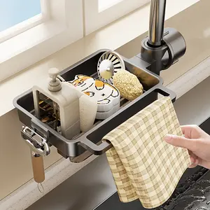 Kitchen Faucet Drain Basket, Sponge Holder, Sink Rack, Drainboard Dish Drainers, Dishwasher Organizer, Hook, Abs Material, Durable and Space-Saving Design