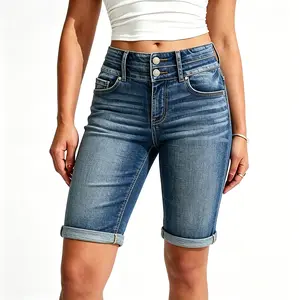 Women's Stretchy High-Waisted Bermuda Shorts, Women Double Button High Waist Stretch Denim Bermuda Shorts Faded Wash Roll Cuff Knee Length Skinny Jean Shorts Summer Daily Casual