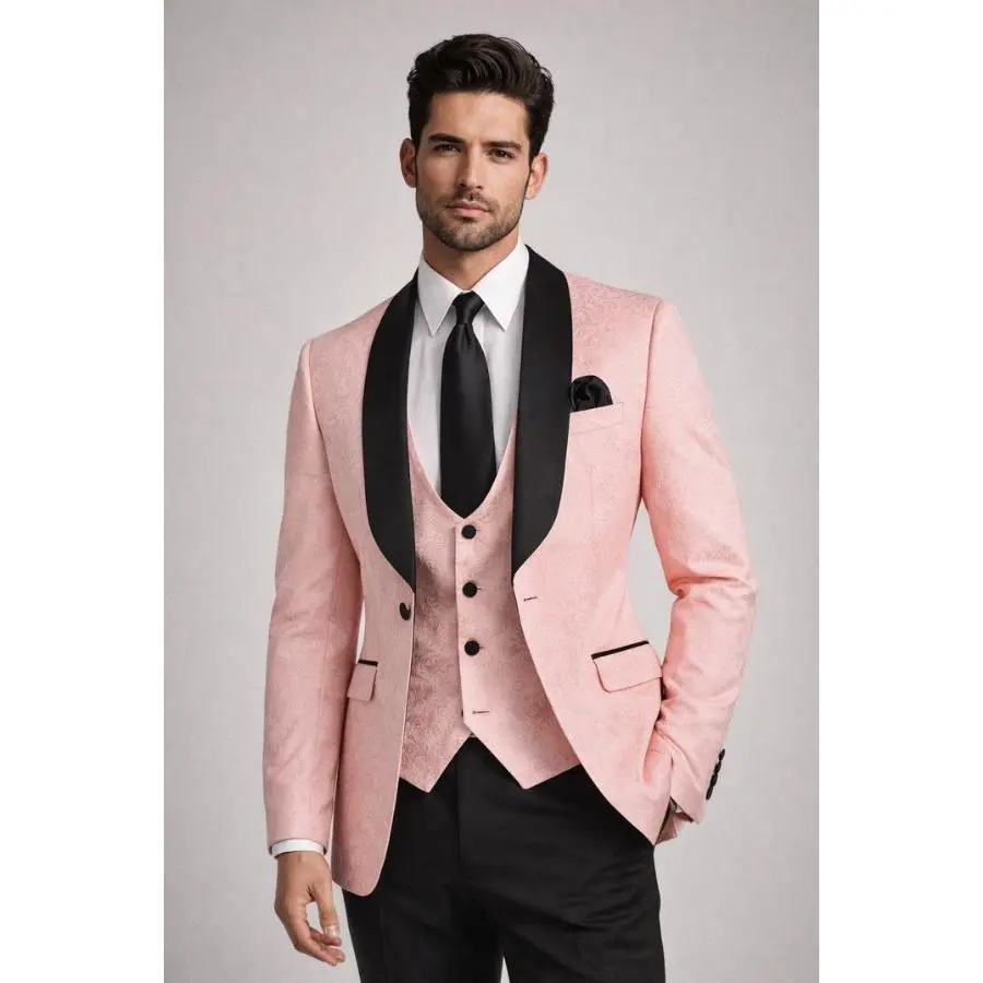 Men’s Light Pink Paisley Jacquard Tuxedo – Slim Fit 3-Piece Set with Black Satin Lapels