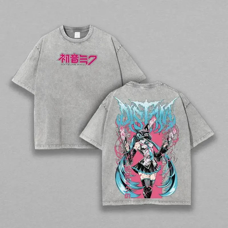 Chainsaw Miku Vintage Oversized Double Printed Washed Tee | Unisex couple T-shirts Heavyweight Cotton Anime TShirt Menswear Top Fabric Streetwear Crewneck