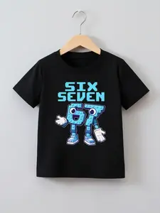 Boys' Blue Robot Six Seven Print Casual Sports Short-Sleeve T-Shirt, Soft Fabric, Soft Youth Sportswear, Trendy Sportswear, Christmas Gift, Cartoon Print Tee