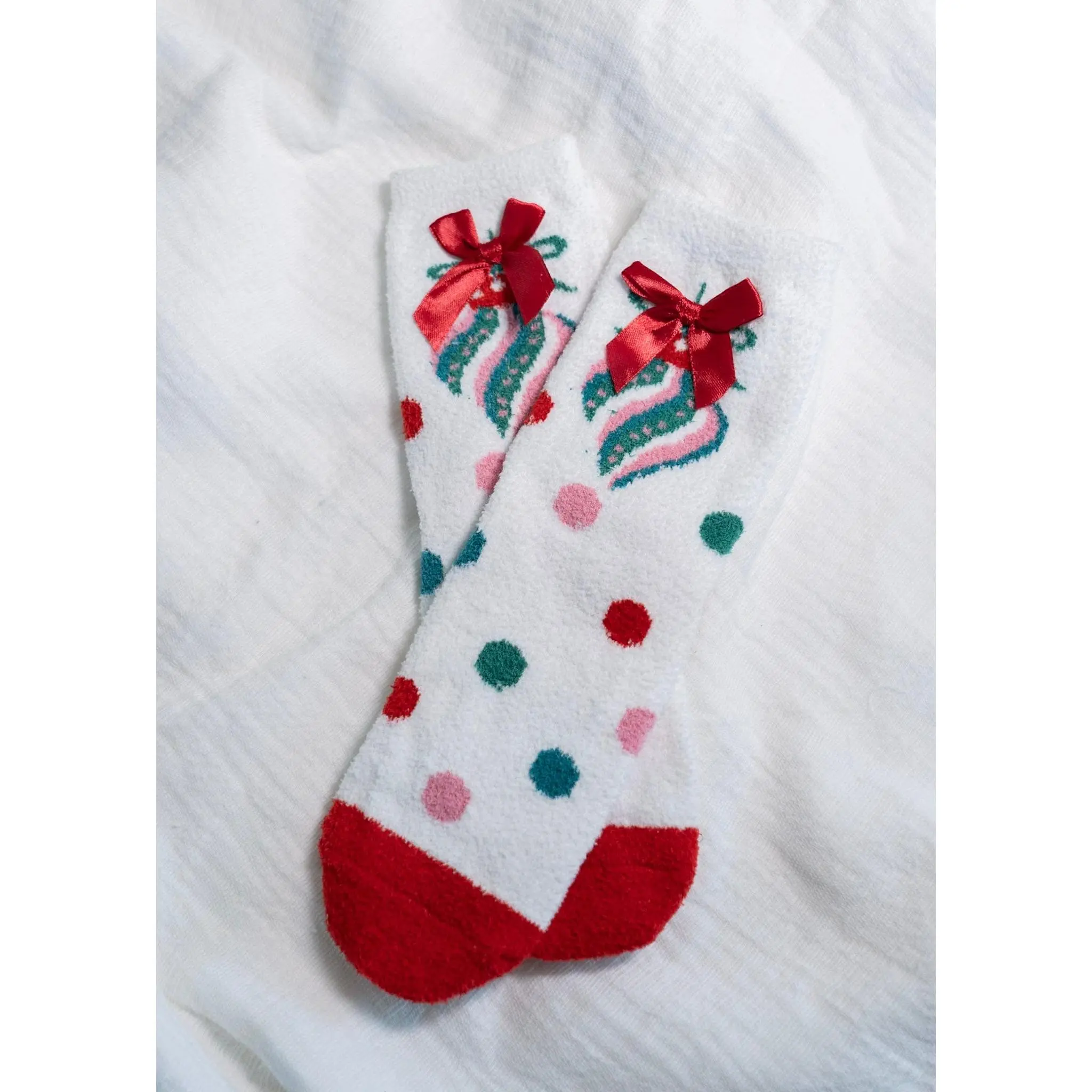 Festive Ornament Socks for Women, Soft Fuzzy Knit Christmas Loungewear, Cozy Holiday Stocking Stuffer, 1 Size Fits Most, One Size