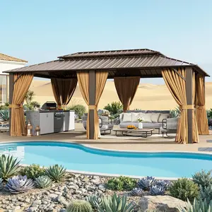 Aoxun Permanent Hard Top Metal Gazebo (10’x12’/20’x12’, Brown&Gray) - Galvanized Steel Double Roof, Mosquito-Resistant Netting & Curtains, Patio Canopy, Sunshade, Outdoor Shelter, Gazebo Outdoor Patio for Lawn, Backyard Decor, Garden Decor,summervibes