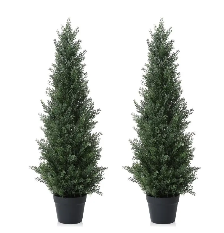DR.Planzen Artificial Cedar Tree 2 Pack 3 ft Outdoor Artificial Topiary Cedar Plants Fake Tree UV Rated Potted Plants for Porch Decor Faux Pine Tree for Perfect Housewarming Gift