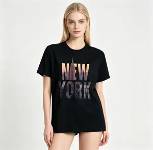 Women's Landscape & Letter Print Drop Shoulder Tee, Casual Fashion Round Neck Half Sleeve T-Shirt Cotton for Daily Wear, Ladies Clothes for All Seasons Top Womenswear