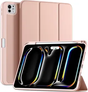 Compatible with iPad Pro 11 Inch Case (M4 2024/M5 2025) with Pencil Holder,  Cover with Protective Trifold Stand & Soft TPU , Auto Wake/Sleep, Support Pencil Pro, Rose