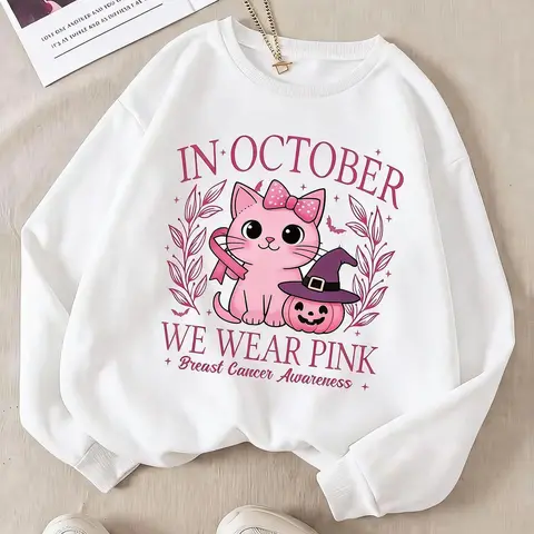 In October We Wear Pink Breast Cancer Awareness Sweatshirt, Cute Cat Pumpkin Fall Graphic Top