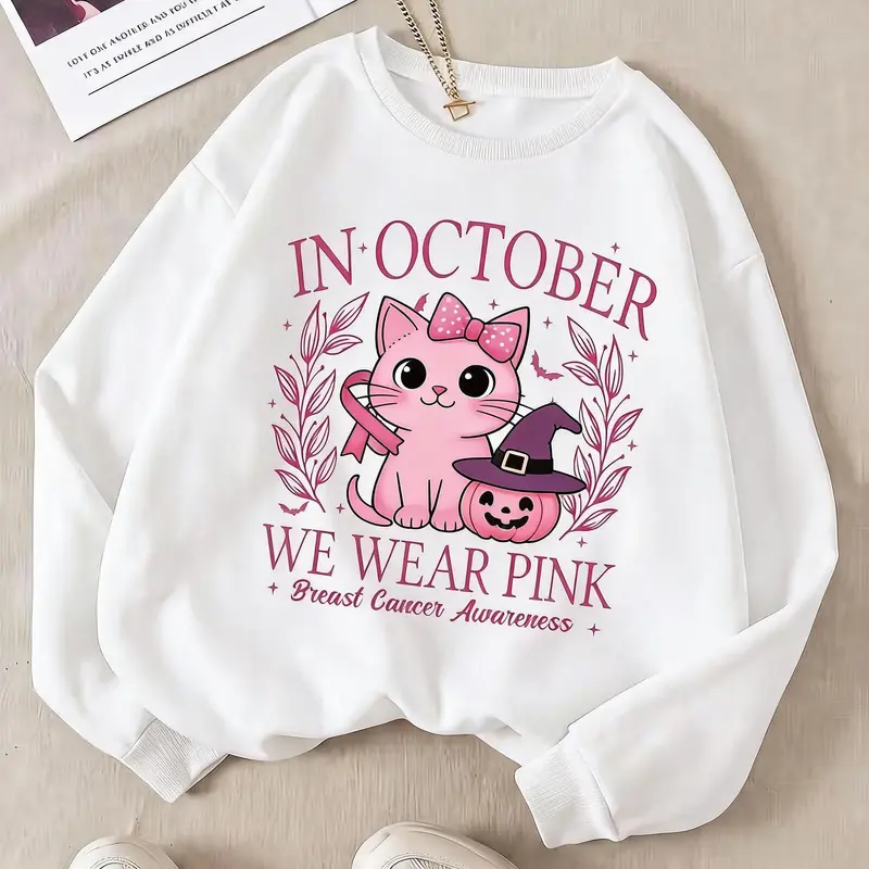 In October We Wear Pink Breast Cancer Awareness Sweatshirt, Cute Cat Pumpkin Fall Graphic Top