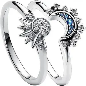 Sky Blue Shimmering Moon Sun Zircon Couple Ring for Women Stackable Engagement Jewelry Cubic Zirconia Celestial Design