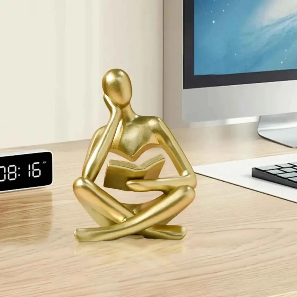 Abstract Art Reading Thinker Statue - Modern Bookshelf Decor Sculpture
