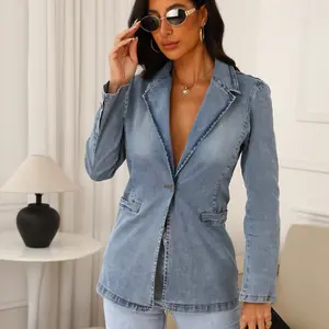 Women's Stretch Denim Jacket With A Single Button Long Sleeved Collar For Work And Leisure Lightweight Denim Jacket Blue Casual Chic Minimalist Aesthetics
