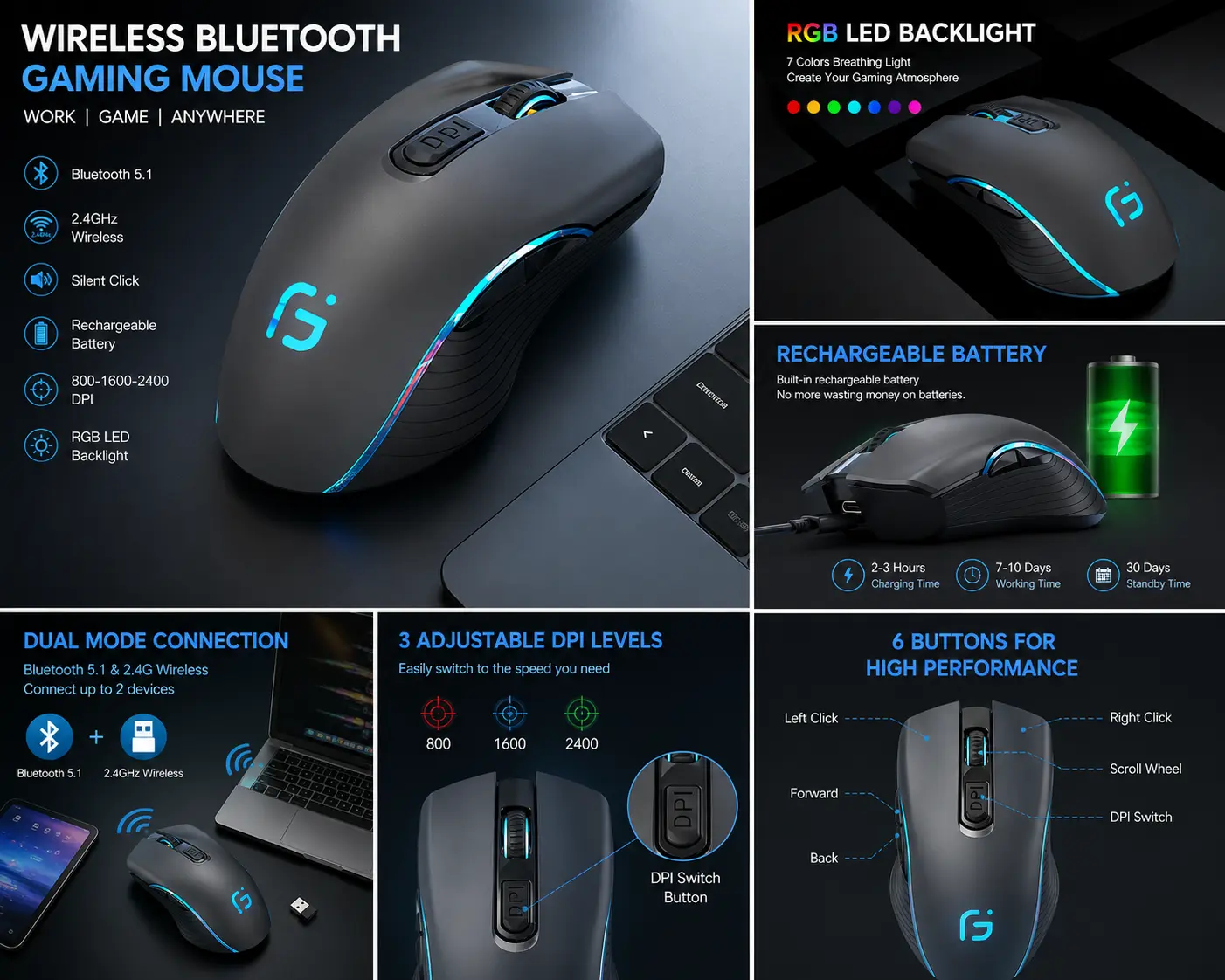 Rechargeable Wireless Bluetooth Gaming Mouse