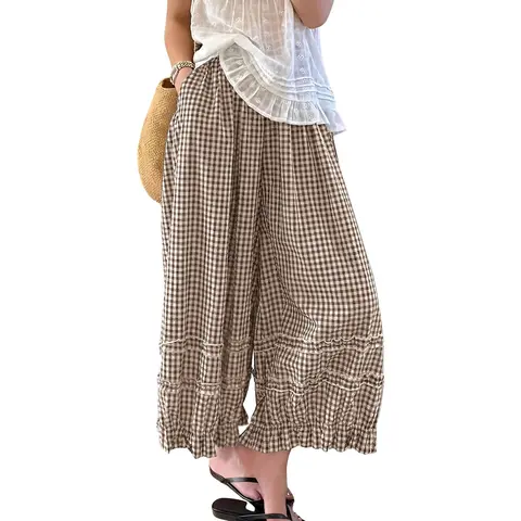 Chouyatou Women’s 2026 Summer Plaid Gingham Wide Leg Palazzos Ruffle Hem Crop Cotton Linen Beach Pants
