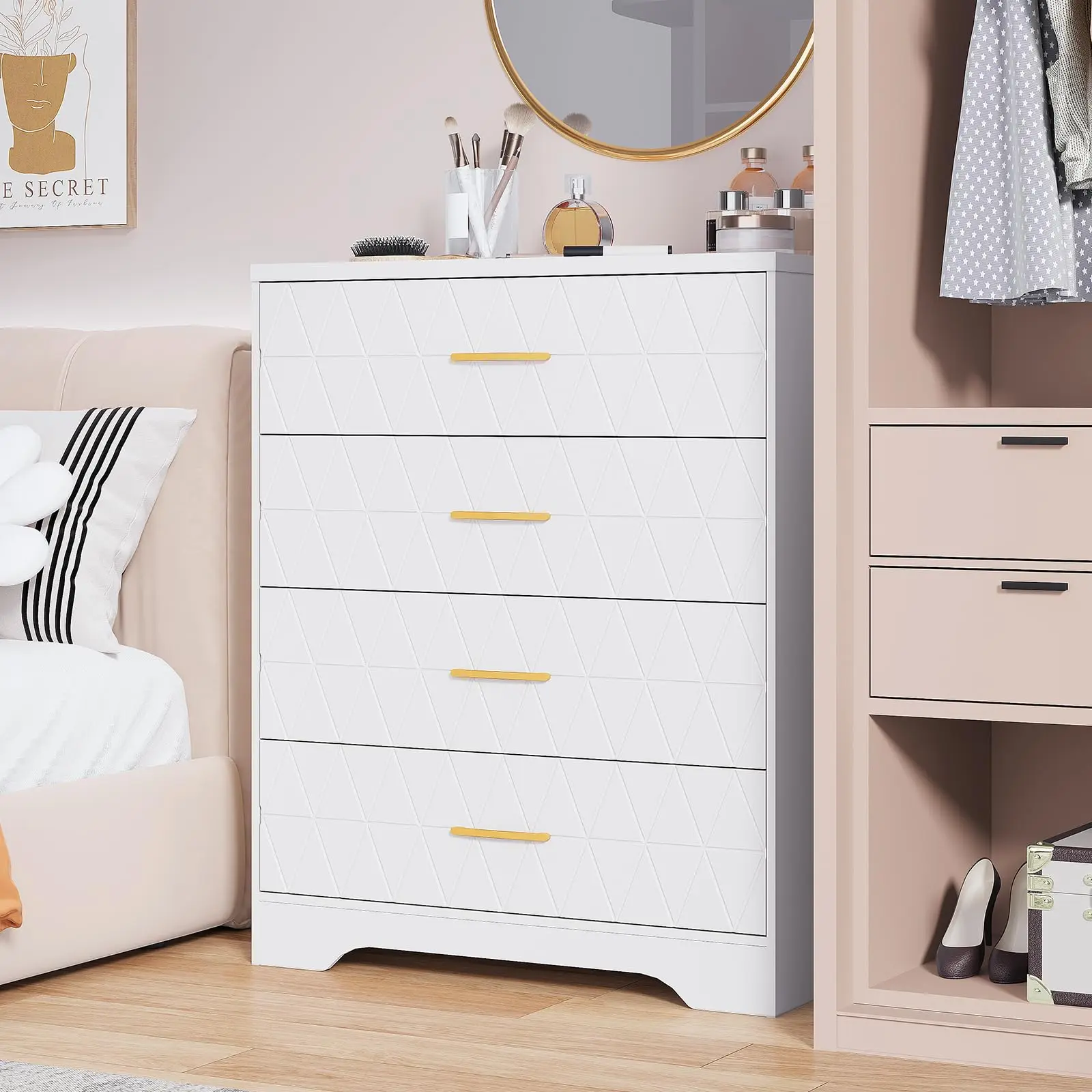 Modern 4 Drawer Tall Dresser for Bedroom – Wooden Chest with Gold Handles – Elegant Vertical Storage Cabinet & bedside cabinet for Closet, Living Room, Hallway, Bedside