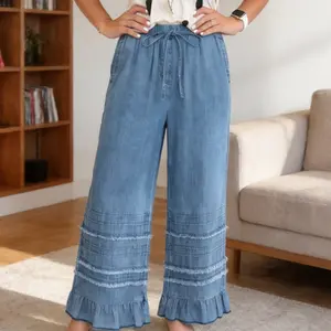 Dusk Blue Ruffled Hem Wide Leg Chambray Pants