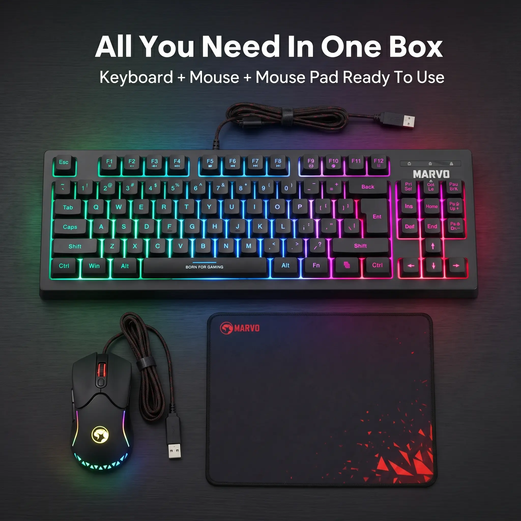 MARVO Gaming Wired Keyboard & Wired Mouse Set with 87-Key Design, 3-Color Backlighting, 10 Million Clicks, 7D Mouse, RGB Backlighting, 1.6M Braided Cable, Anti-Sweat Design, Anti-Slip Rubber Pad, High-Density Mat Texture