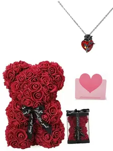 Valentine's Day Gift Set, Handmade Rose Bear Necklace with Heart Gemstone, Flower Bouquet Necklace, Romantic Proposal Gift, Mother's Day Love Present