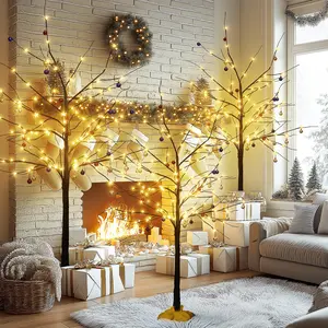 Lamerge Brown Lighted Birch Tree Set of 3, Christmas Decorations Birch Tree with Lights, Warm LED Cherry Blossom Light Tree for Home Holiday Party, Indoor/Outdoor 4FT+5FT+6FT Artificial Trees