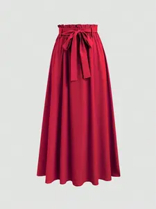 Vintage Frill Hem Elastic Waist Skirt, Women's Pink Flared Midi Skirt – Paper Bag Waist, Belted, Casual Daily Style, Casual Daily Wear, Fashion Outfits, Birthday Gift, Valentine's Day