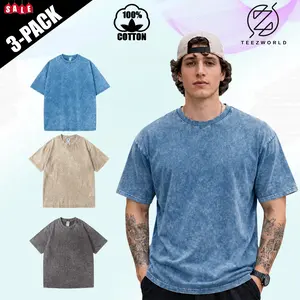 Premium 3-Pack Oversized T Shirts Acid Wash Vintage Heavyweight Cotton Distressed Hip Hop Harajuku Washed Tees Baggy Gym Workout Fitness Running Tops Retro Faded Streetwear Summer Multi Color Essentials