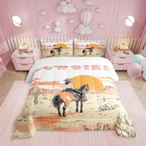 Western Cowgirl Bedding Set,Wild West Horse Comforter Set for Girls Teen,Cactus Vintage Comforter,Rustic Country Retro Bedroom Room Decor Duvet Set