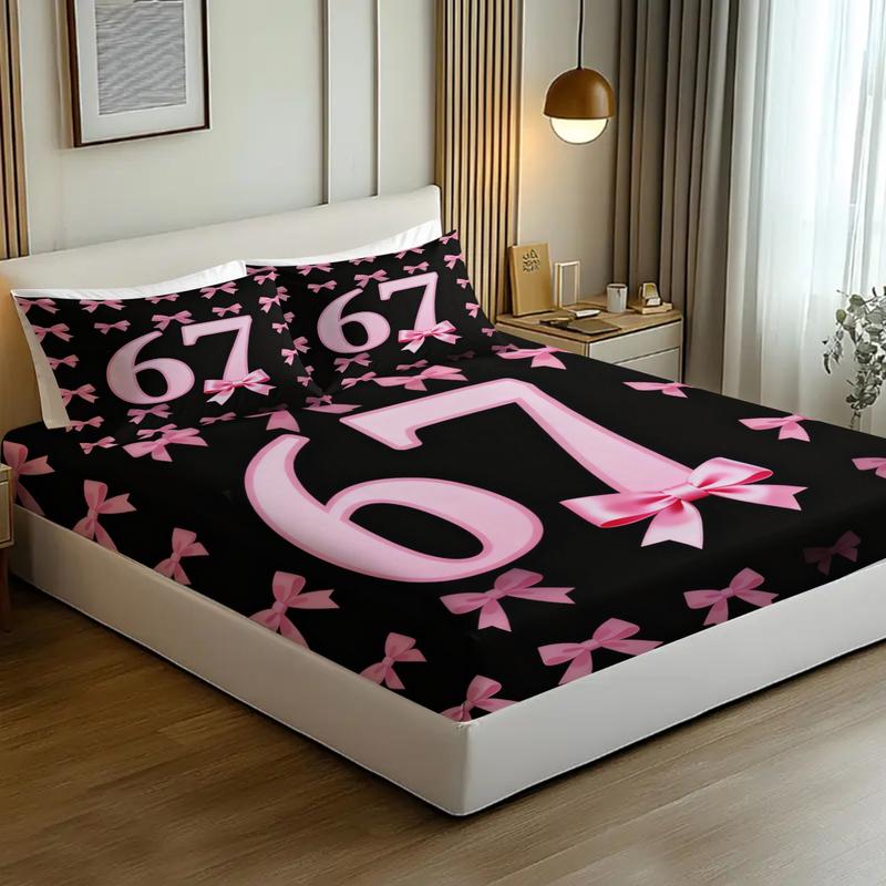 Creative pattern printed bedsheet with number 67 and bow tie, soft and comfortable 3D digital printed bedding, Bed Sheets Set, anti slip dust cover suitable for bedroom decoration, including 1 bedsheet and 2 pillowcases