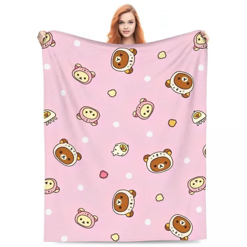 Classic Multi-Size Rilakkuma Cartoon Animal Cotton Blanket - Colorful Cartoon Print Cotton Flannel, Plush, Cooling, Wrinkle Resistant, Stain Resistant, Super Soft, Durable, Flat Weave, Couch, Bedroom Napping Bedding Decor