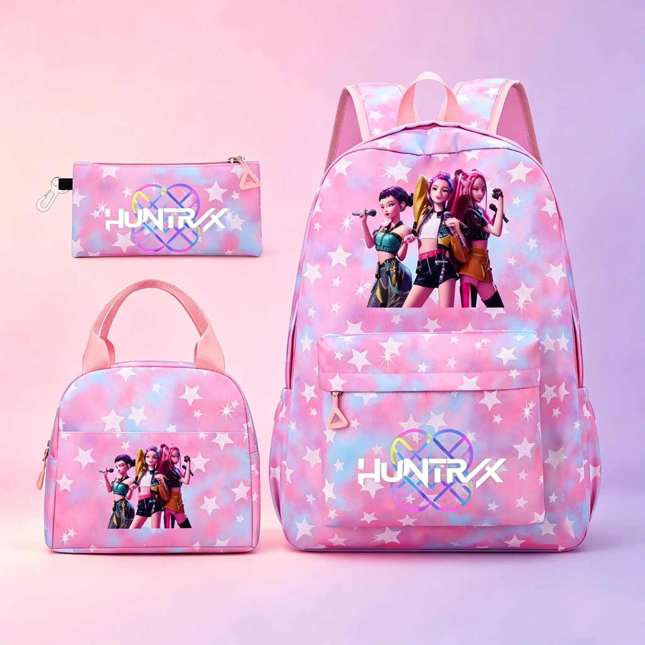 K-Pop Girl-Themed 3-Piece Colorful Set - Gym Backpack, Lunch Bag, Pencil Case, Fashionable Versatile Casual Sports Outdoor Shoulder Bag