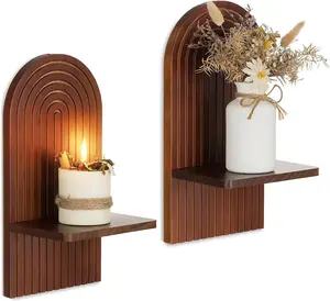 Mid Century Modern Candle Sconces: Set of 2 Walnut Boho Wall Candle Holder Decor for Living Room Fireplace - Arch Candle Shelf for  Pillars Candles