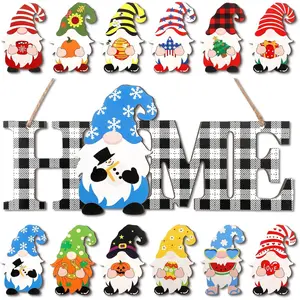13 Pcs Interchangeable Gnome Home Sign Wood 3D Winter Valentine Seasonal Door Decor Rustic Farmhouse Home Decoration for Holiday Wall Decor Gift(Black and White)