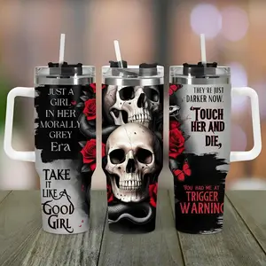 Just a Girl in Her Morally Grey Era 40oz Tumbler with Handle | Dark Romance Bookish Gift | Touch Her and Die Skull Aesthetic | Booktok Merch for Smut Readers | Insulated Coffee Travel Mug for Women