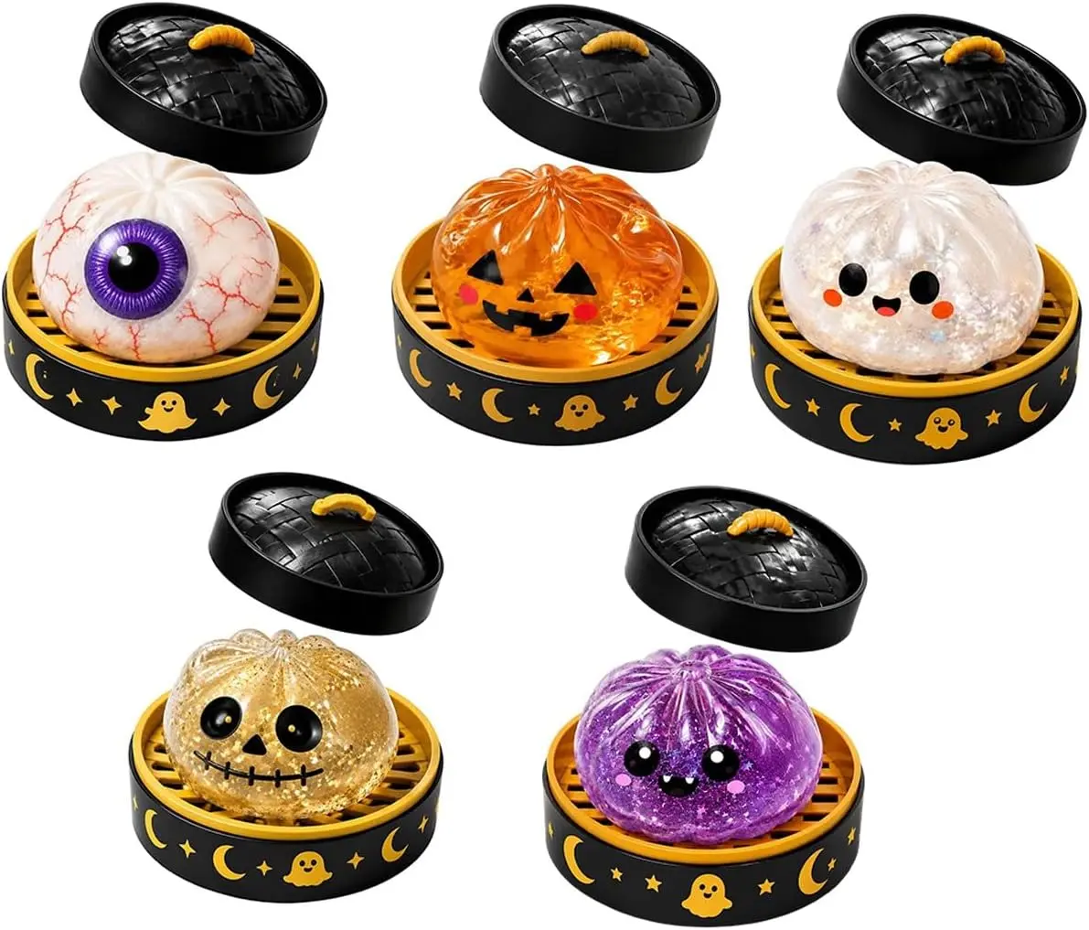 5pcs Halloween Pumpkin Silicone Gel Stress Balls for Adults - Slow Rise Glitter Dumpling Soft Squishies, Spooky Decor, Anxiety Relief Fidget Toys
