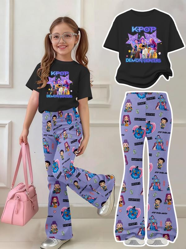 K-Pop Demon Hunters Girl Set, Y2K Sweet Cool Kpop Style, Short Sleeve T-Shirt & Derpy Huntrix Cartoon Pants
