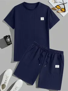 Men's 2-Piece Casual Embossed Textured Menswear Set - Short-Sleeve Round Neck Shirt & Drawstring Shorts with Label Detail, Summer Men’s Clothes for Daily Wear, Streetwear