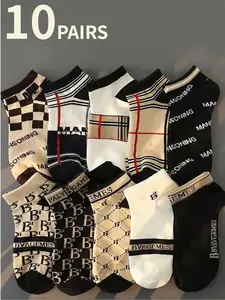 10 pairs of men's ankle socks, fashionable, versatile and innovative low-top boat socks with a monogram, men's spring and summer