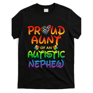Men'S And Women'S Autism Awareness T-Shirt Featuring a Proud Aunt of an Autistic Nephew Or Niece. This Heavyweight Tee Showcases a Puzzle Piece with Rainbow Lettering, Plus Size