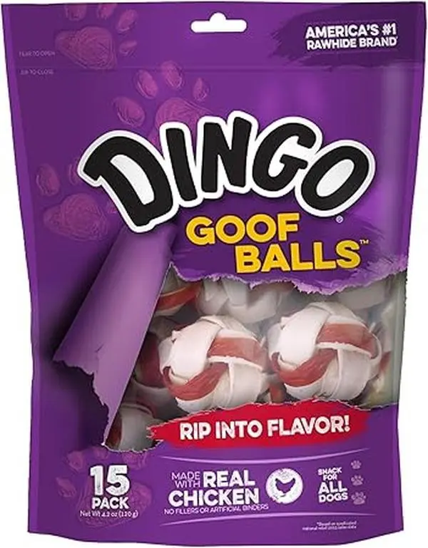 Dingo Goof Balls, Premium Rawhide Dog Treats with Real Chicken, 15 Count – Ideal for Small Dogs