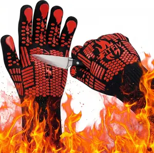 BBQ Gloves, Oven Gloves, 1472°F Extreme Heat Resistant Barbecue Gloves, Silicone Non-Slip Oven Mitts, Kitchen for Cooking, Grilling, and Baking (Red) FITFIV