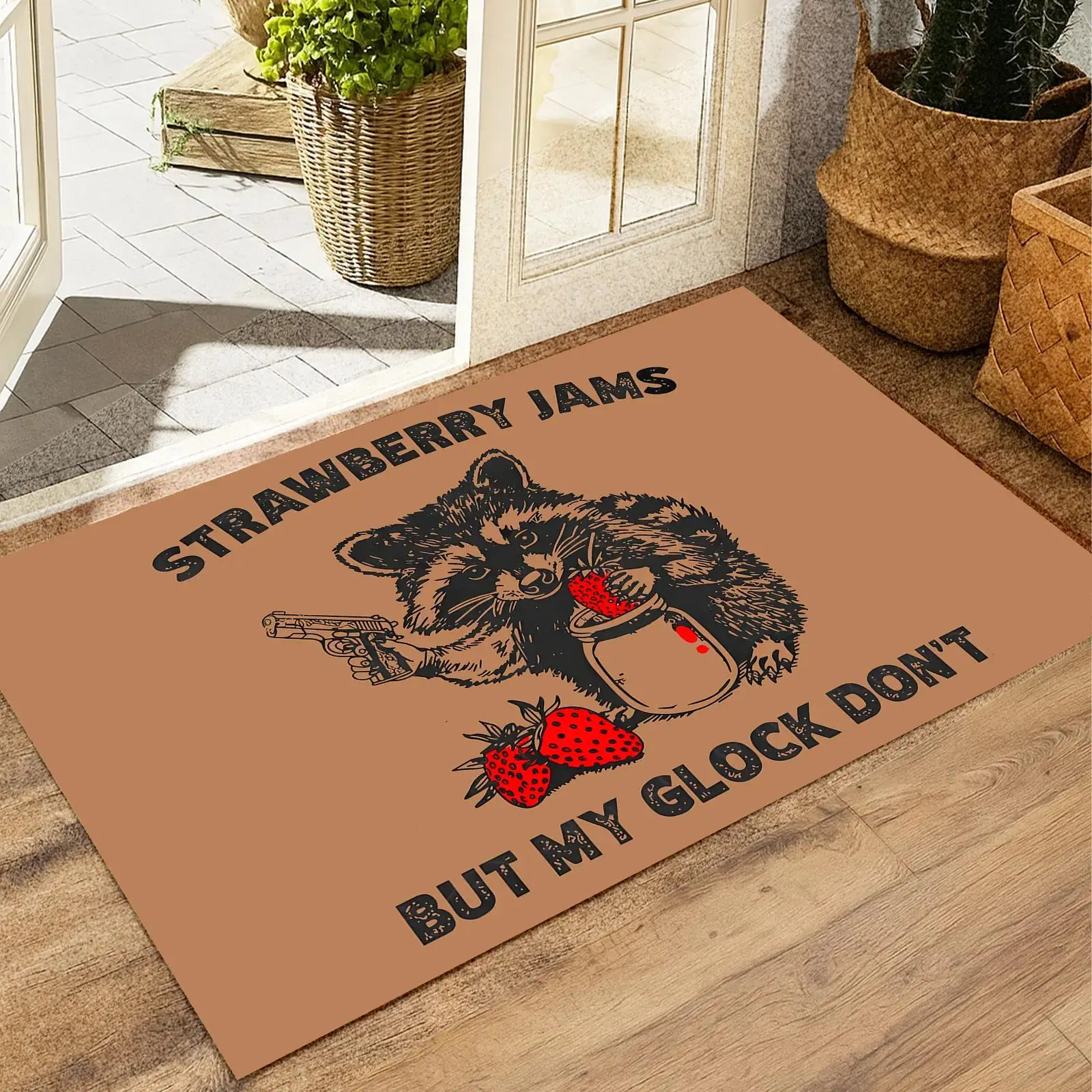 Strawberry Jams But My Glock Don't Funny Raccoon Graphic Doormat, Humorous Novelty Front Door Mat for Indoor Entryway Porch Housewarming Home Gift