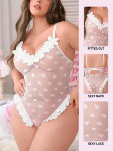 Plus Size Lace Trim Floral Spaghetti Strap Fitted Heart Print Bodysuit, Cute Comfortable Underwire-Free Lingerie, Slim Fitting Bodysuit, Perfect for Family Parties and Romantic Evenings, Sheer Lingerie, Spaghetti Strap Bodysuits
