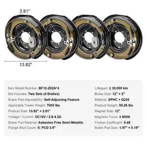 VEVOR Electric Trailer Brake Assembly, 12x 2, 2 Pairs Self-Adjusting Electric Brakes Kit for 7000 lbs Axle, 5-Hole Mounting, Backing Plates for Braking System Part Replacement (2 Right+ 2 Left)