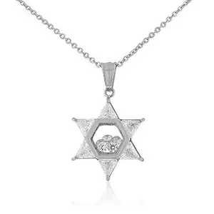 Stainless Steel Silver-Tone Clear White CZ Jewish Star of David Pendant Necklace
