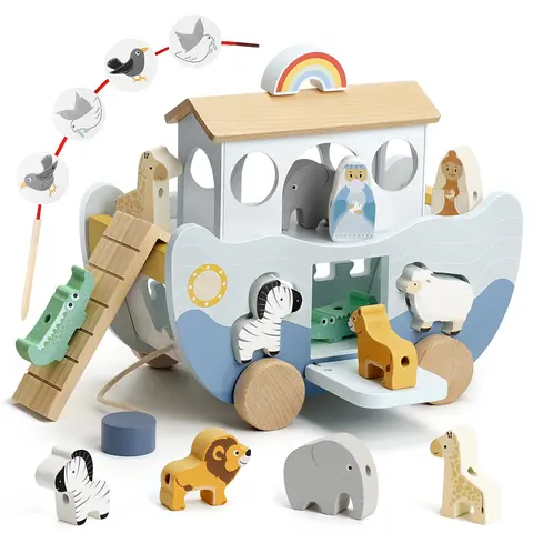 Joyreal Wooden Noah's Ark Multi-Activity Playset - 1 Detailed Ark, Faith-Based Montessori Educational Toy with Animal Sorting for 1-3 Year Olds, Neutral Color Baptism Christmas Birthday Gift