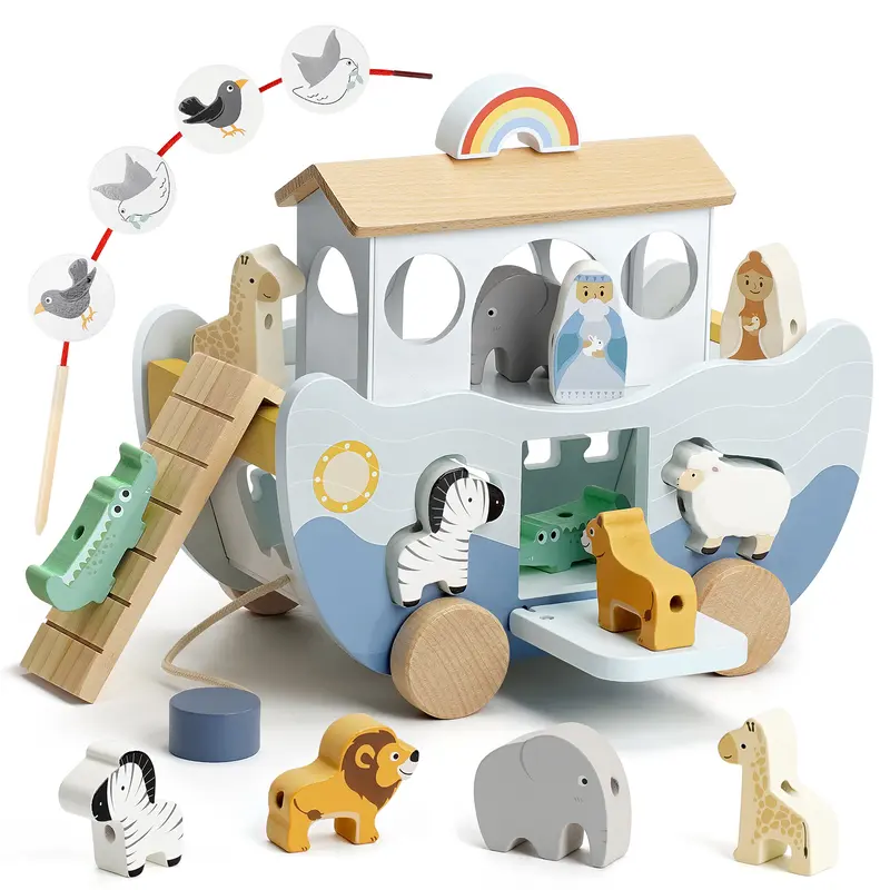 Joyreal Wooden Noah's Ark Multi-Activity Playset - 1 Detailed Ark, Faith-Based Montessori Educational Toy with Animal Sorting for 1-3 Year Olds, Neutral Color Baptism Christmas Birthday Gift