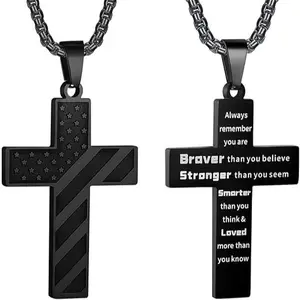 American Flag Cross Necklace for Boys & Men - Inspirational Quote Pendant - Premium Stainless Steel Chain - 1.8" x 1.2" Pendant Size - Perfect Gift for Birthday